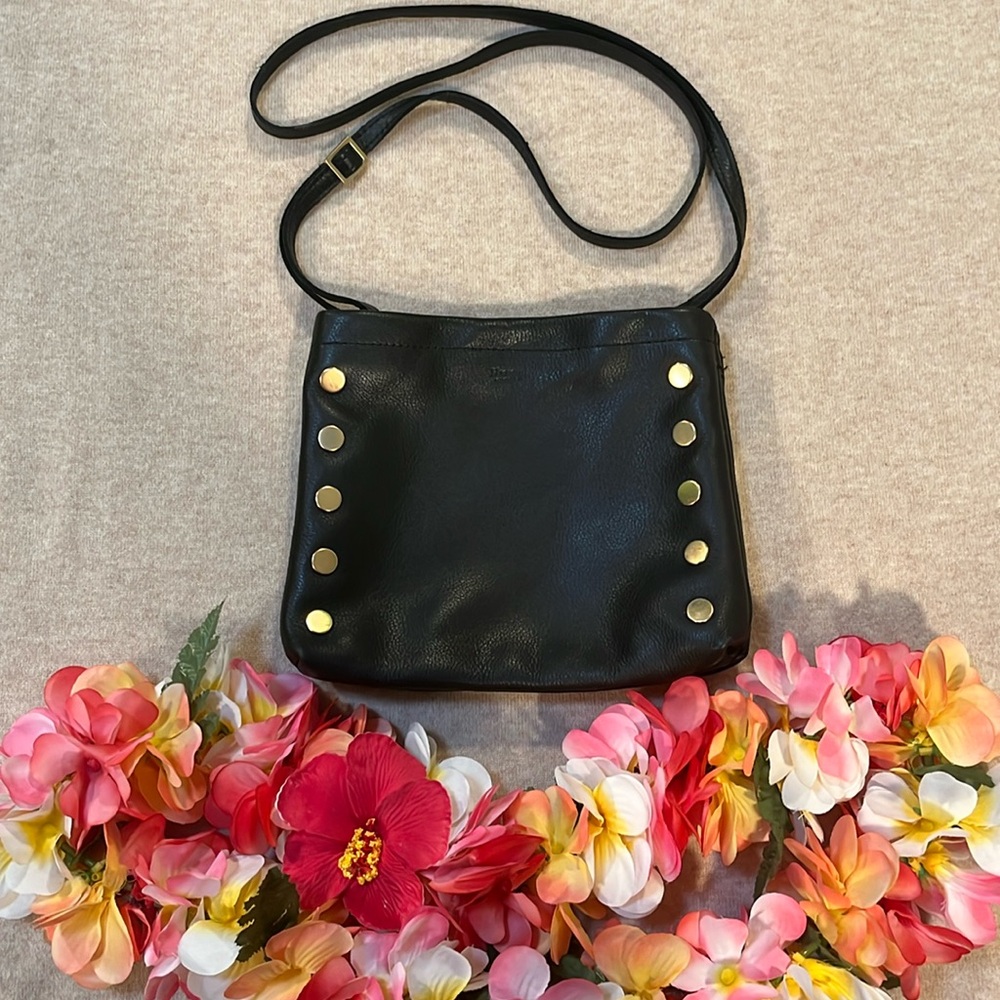 Black Leather Crossbody Bag with Gold Stud Accents